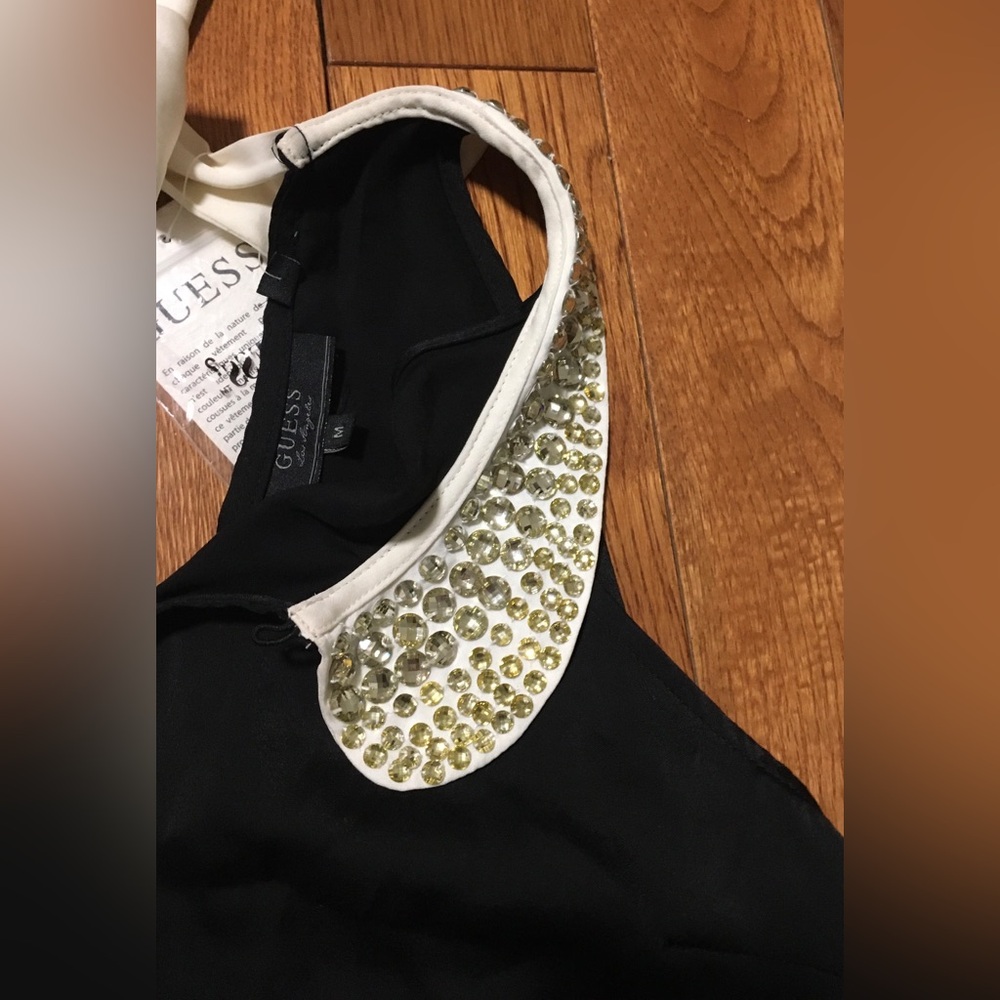 Guess Black Halter Tank Top with White Embellished Collar